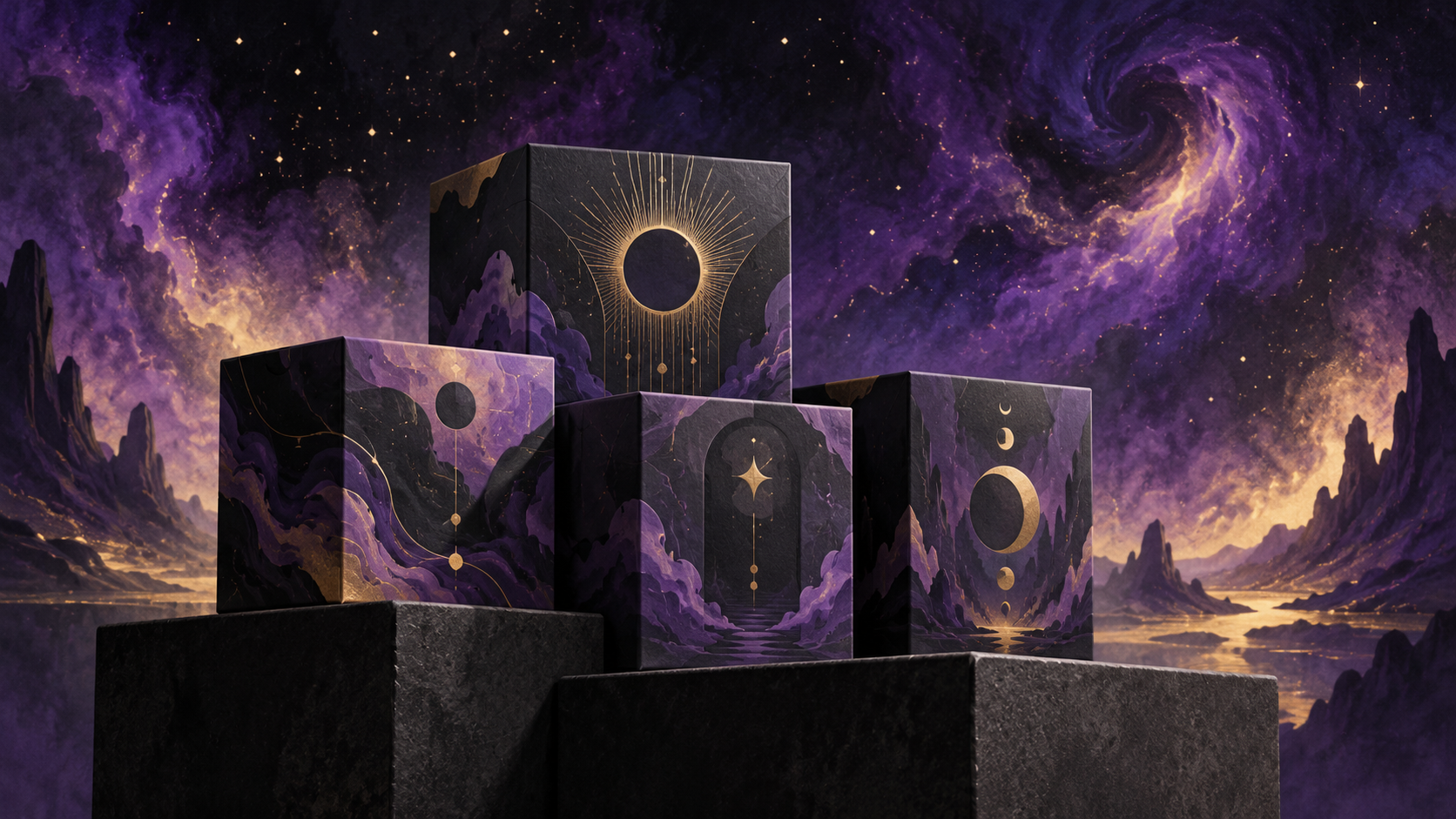 Cajas geométricas genéricas ante un cielo cósmico violeta; ilustración simbólica, no representa el producto real.