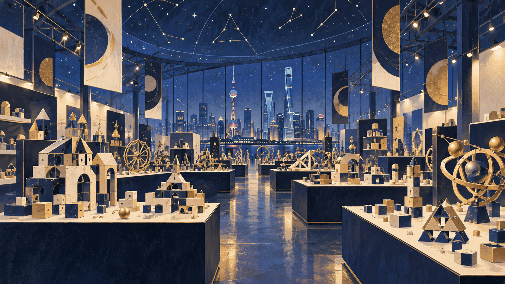 Ilustración simbólica de una feria de maquetas bajo un cielo de constelaciones; no representa el recinto, el estand ni los productos reales.