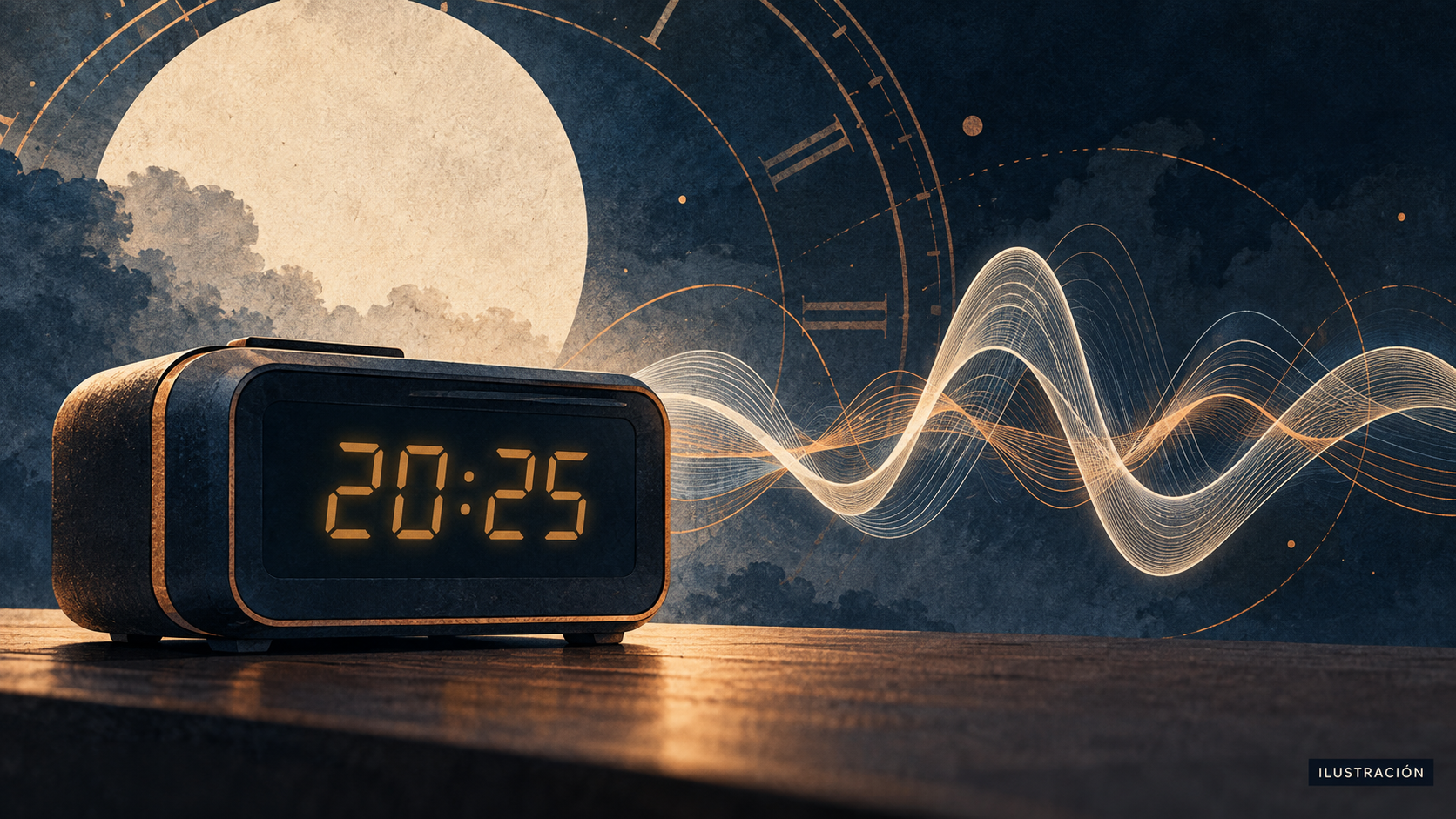 Reloj digital genérico acompañado por ondas sonoras abstractas; ilustración editorial que no reproduce el artículo comercial.
