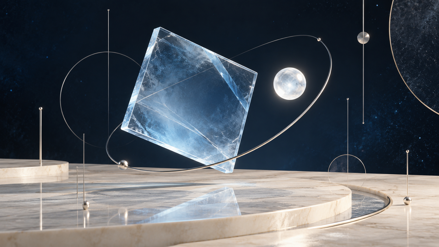 Ilustración abstracta de una placa de cristal azul entre órbitas; no representa a Hyoga ni la figura.