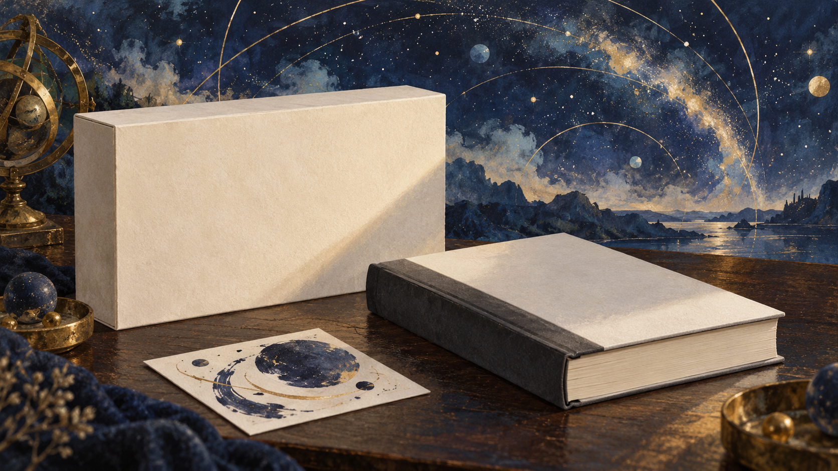 Bodegón ilustrado con un estuche y un libro sin marcas ante un cielo estrellado abstracto; no representa el producto real.