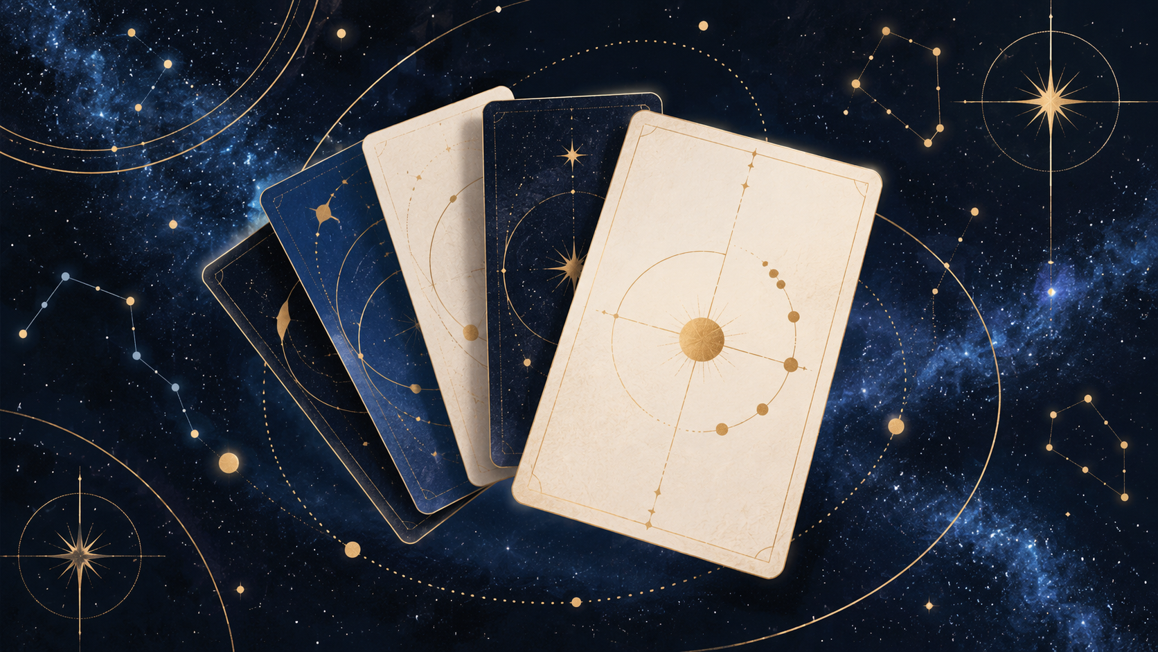 Tarjetas genéricas color marfil y azul oscuro con órbitas y constelaciones; ilustración conceptual que no representa el producto.