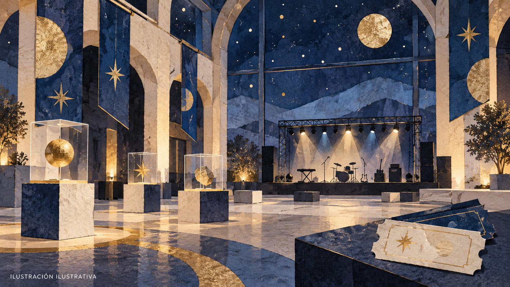 Sala abstracta con un escenario vacío y pedestales bajo un cielo estrellado; ilustración simbólica que no representa el CDZ Event real.