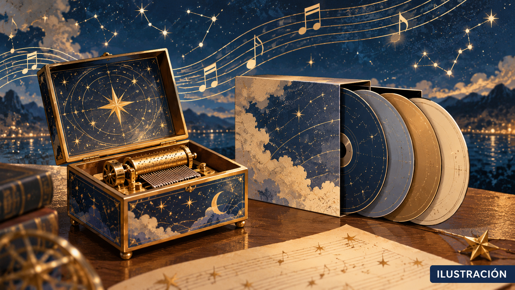Caja musical y discos genéricos ante un pentagrama de constelaciones; ilustración simbólica que no representa el producto real.