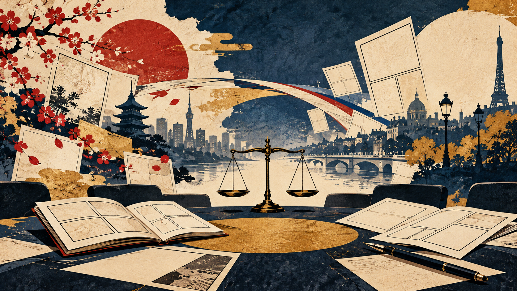 Páginas de manga vacías y una balanza de justicia frente a siluetas urbanas estilizadas; ilustración simbólica sobre adaptación y propiedad intelectual, no representa la conferencia ni a sus participantes.