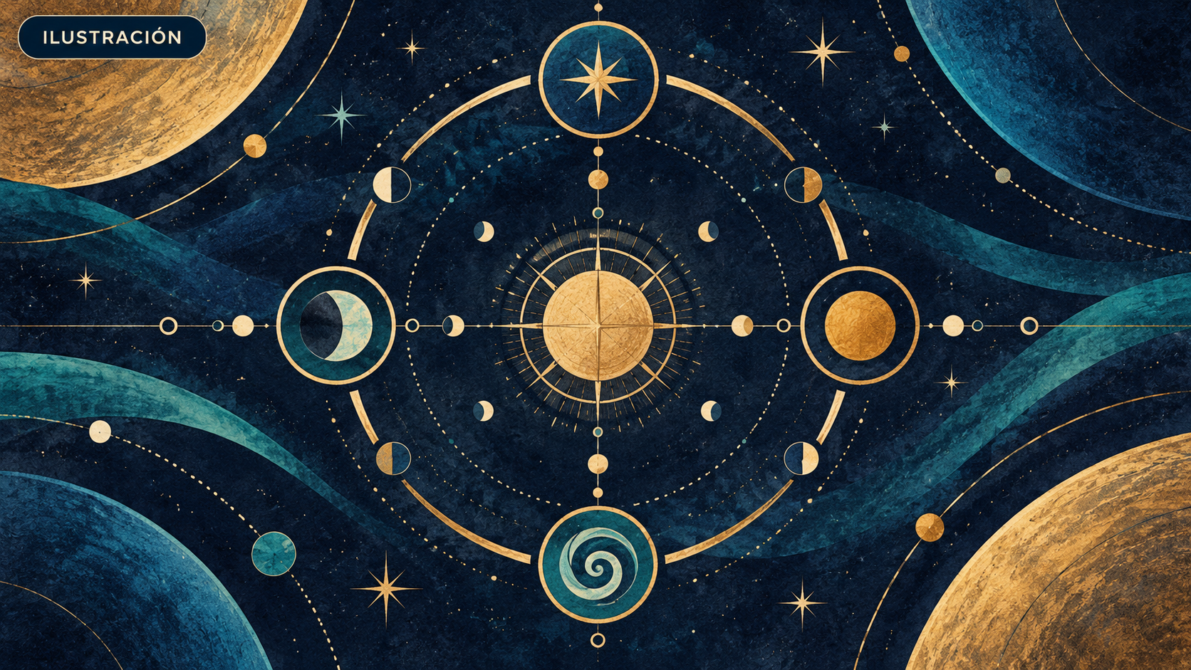 Ilustración simbólica de un calendario cósmico con motivos genéricos de estrellas, caminos, árbol y monedas; rotulada «ILUSTRACIÓN». No muestra elementos del juego ni sus recompensas.