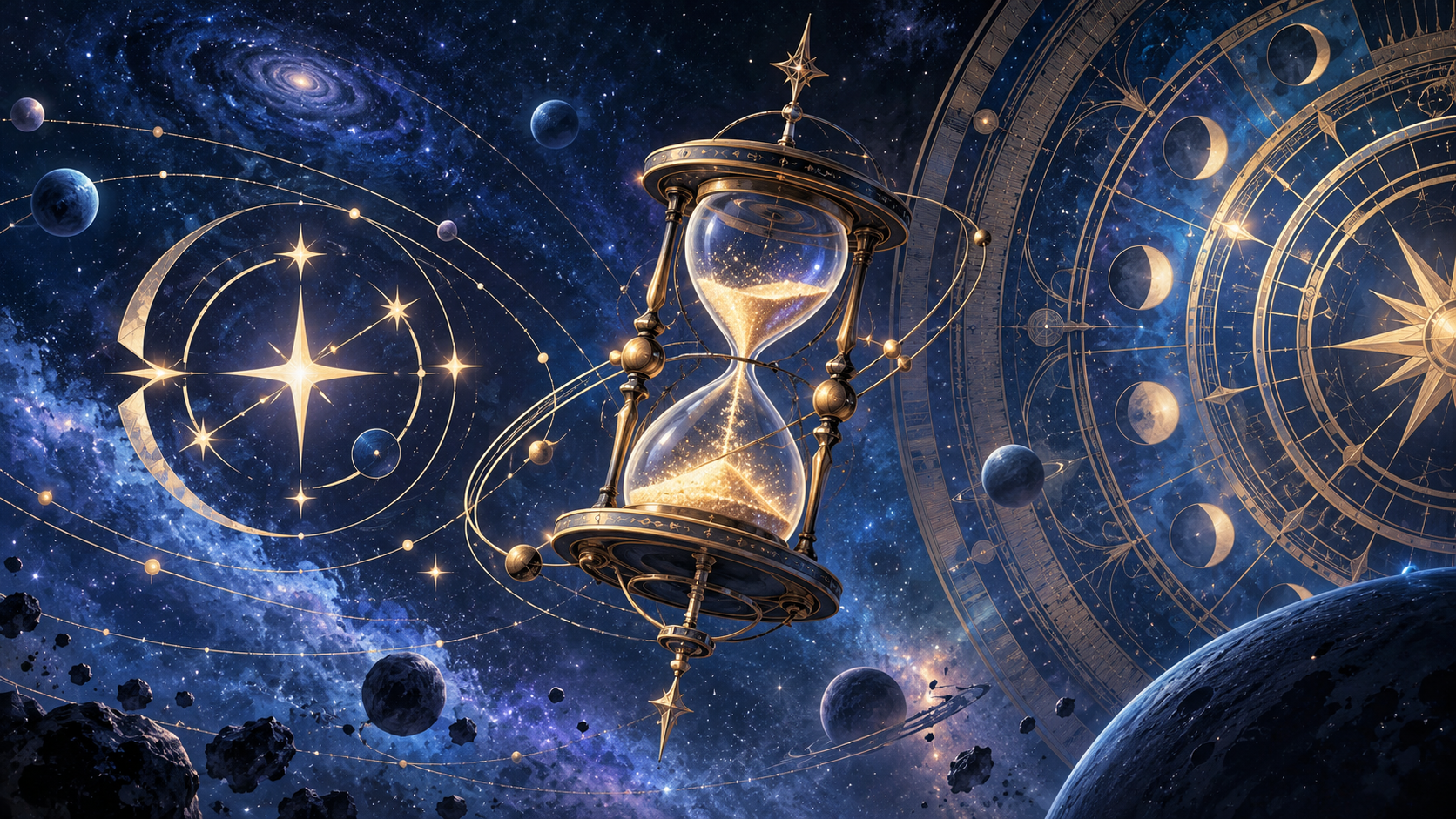 Reloj de arena astronómico suspendido sobre órbitas y constelaciones; ilustración simbólica sin personajes ni elementos del juego.