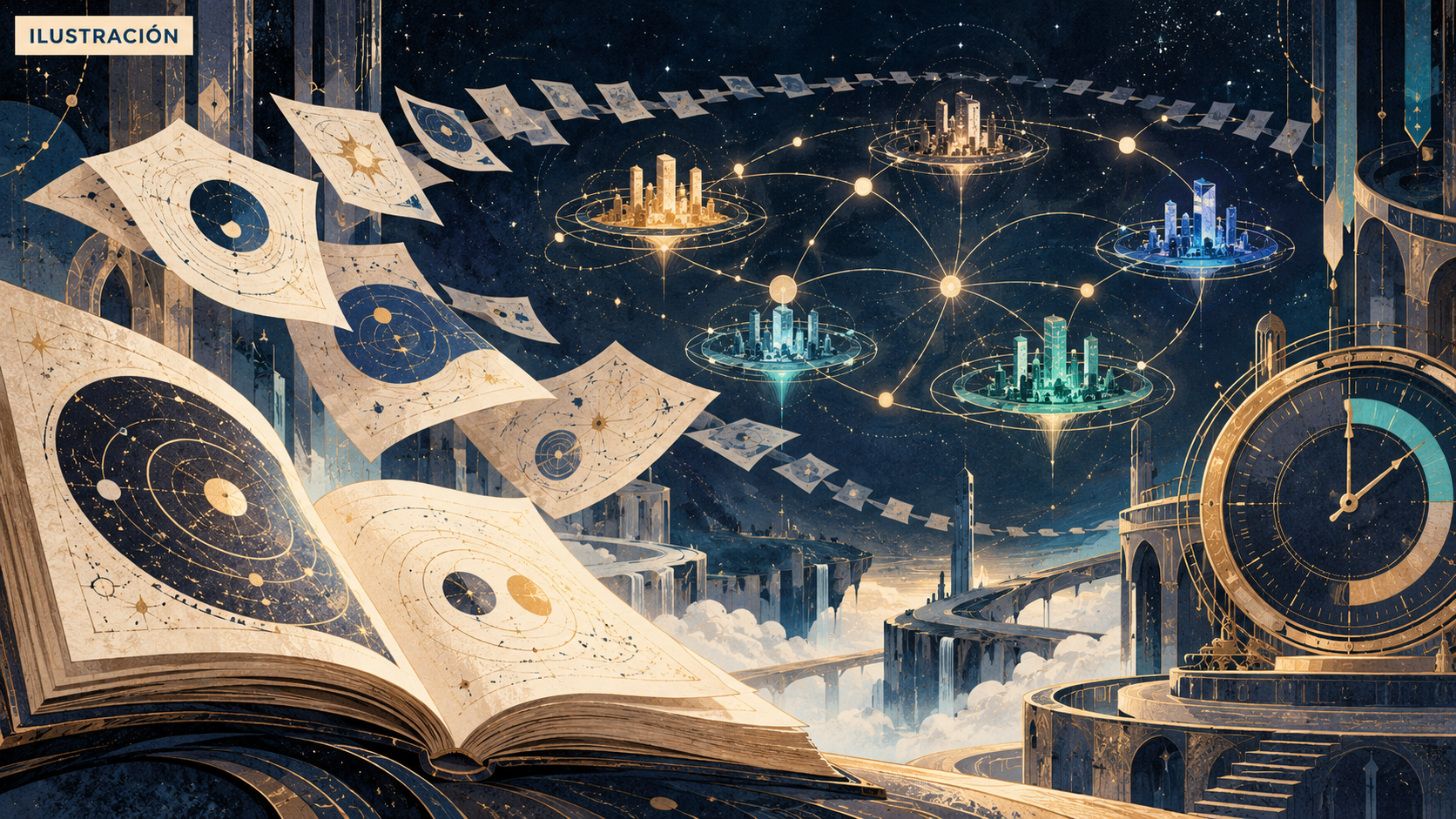 Ilustración simbólica de páginas celestes, nodos conectados entre varios grupos y un reloj circular; rotulada «ILUSTRACIÓN». No muestra elementos del juego ni acredita el resultado del mantenimiento.