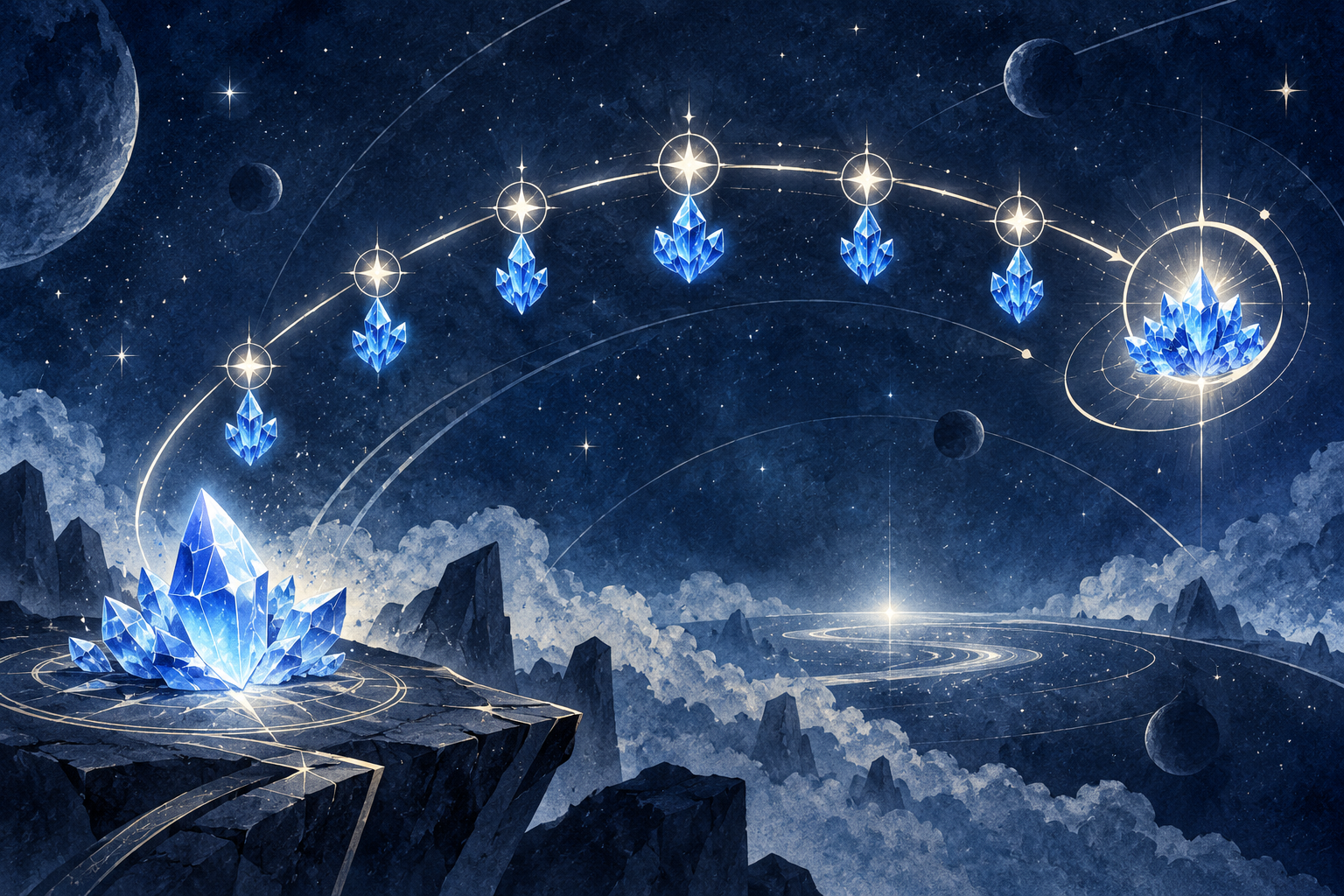 Ilustración editorial de cristales azules orbitando en un cielo abstracto; es simbólica e ilustrativa, no representa el juego ni su interfaz.