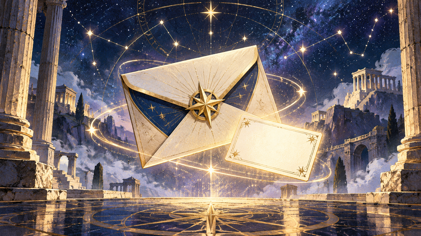 Un sobre de regalo marfil y una tarjeta vacía ante un cielo estrellado y ruinas clásicas; imagen simbólica que no representa el videojuego ni un código canjeable.