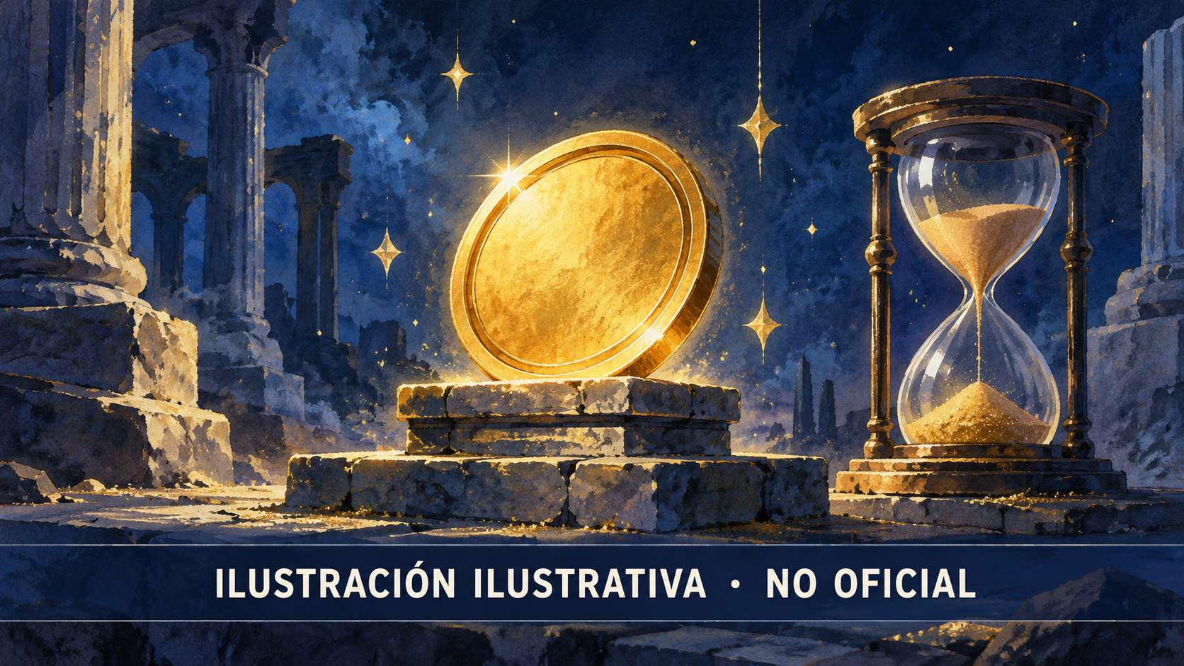 Ilustración editorial de una ficha dorada y un reloj de arena bajo un cielo nocturno; metáfora del azar y el tiempo. Está rotulada como no oficial y no muestra el juego ni premios reales.