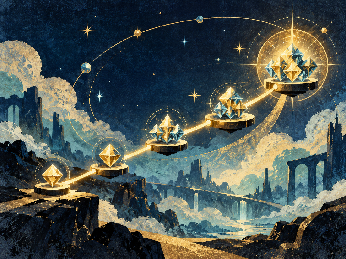 Órbitas geométricas y cristales abstractos que simbolizan un avance compartido; ilustración original, no representa el videojuego ni su tienda.