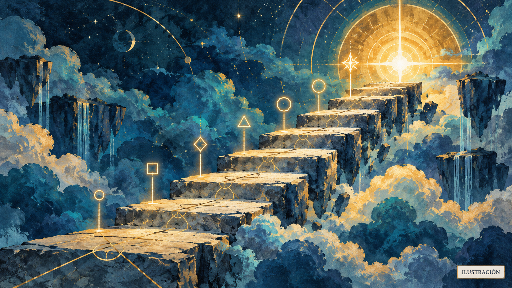 Ilustración simbólica de una escalinata cósmica de progreso; no representa personajes, interfaz ni recompensas reales del juego.