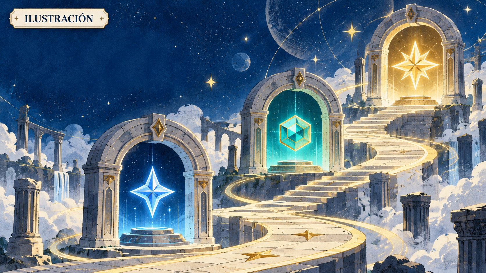 Camino ascendente entre arcos de piedra abstractos y estrellas; ilustración simbólica rotulada, no representa el juego ni el evento.