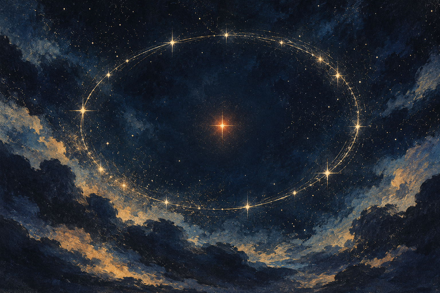 Ilustración editorial de un cielo cósmico abstracto con un anillo de estrellas y un punto de luz; imagen simbólica, no representa el juego ni a sus personajes.