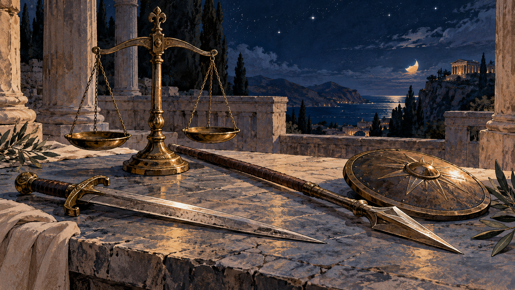 Balanza antigua y herramientas de combate genéricas en un patio nocturno; ilustración simbólica sin personajes ni elementos de la interfaz del juego.