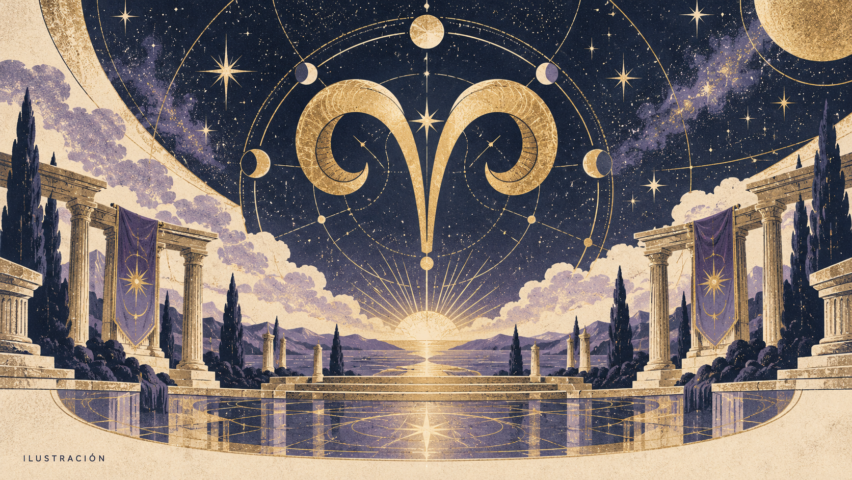 Constelación de Aries abstracta sobre un patio astronómico en tonos azul noche, oro y lavanda. Ilustración simbólica; no muestra personajes, armaduras ni contenido del juego.