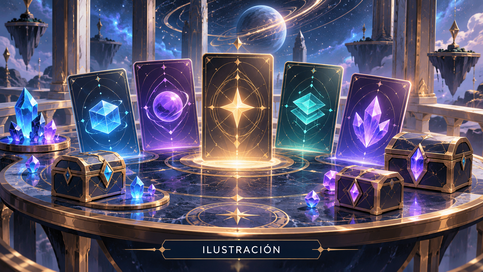 Ilustración simbólica de tarjetas de recompensa seleccionables, cofres y cristales azules y violetas; no muestra la tienda ni los paquetes reales.