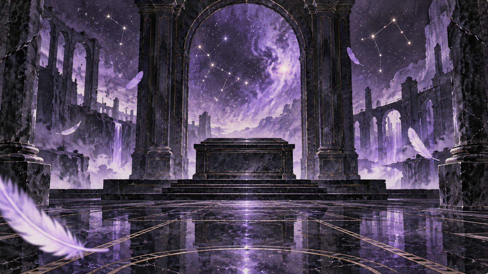 Arco de piedra oscuro y relicario cerrado entre plumas lavanda y constelaciones abstractas; ilustración simbólica, no representa a Pandora ni al videojuego.