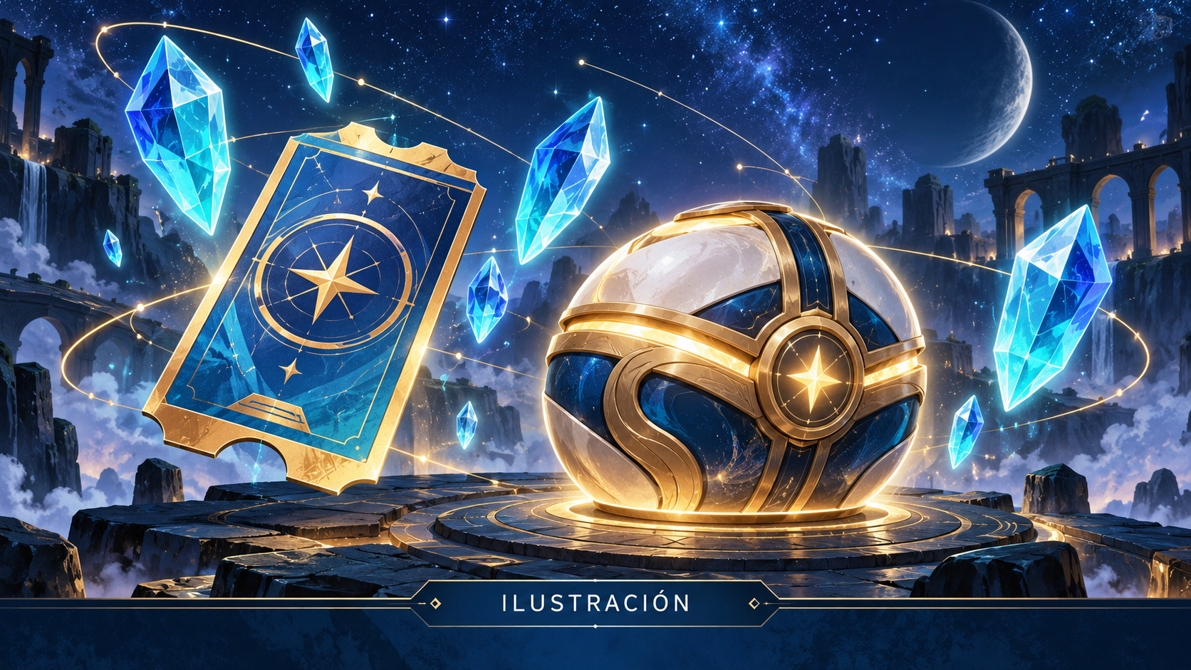 Ilustración simbólica de una tarjeta de evento y una cápsula cósmica con cristales azules; no representa el juego ni sus recompensas reales.