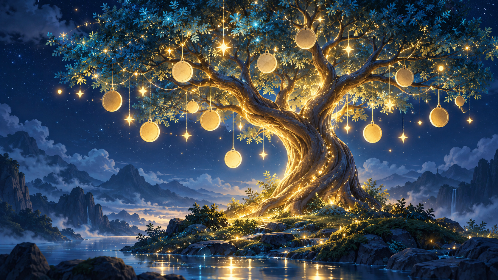 Ilustración simbólica de un árbol nocturno con medallones dorados luminosos; representa solo la idea del evento y no muestra el juego ni premios reales.