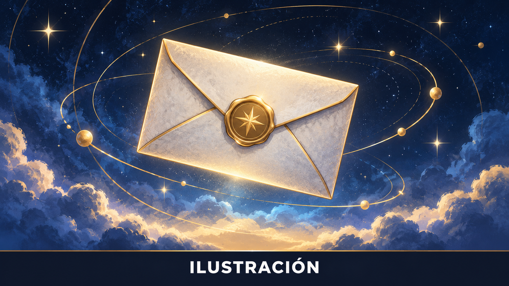 Sobre genérico sellado en un cielo estrellado con órbitas finas; ilustración simbólica, sin elementos del juego.