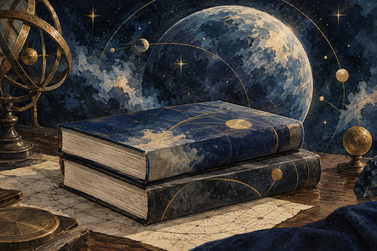 Dos libros genéricos de tapa azul ante una esfera estelar abstracta; ilustración simbólica que no reproduce la cubierta ni el producto de Kana.
