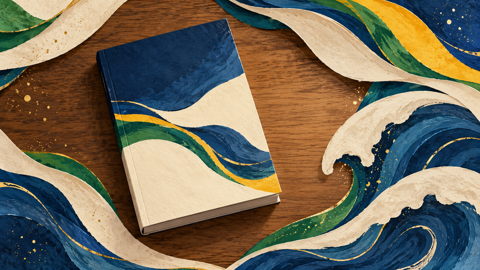 Ilustración simbólica de un libro genérico rodeado de olas en azul, verde y crema; no reproduce la sobrecubierta ni el manga.