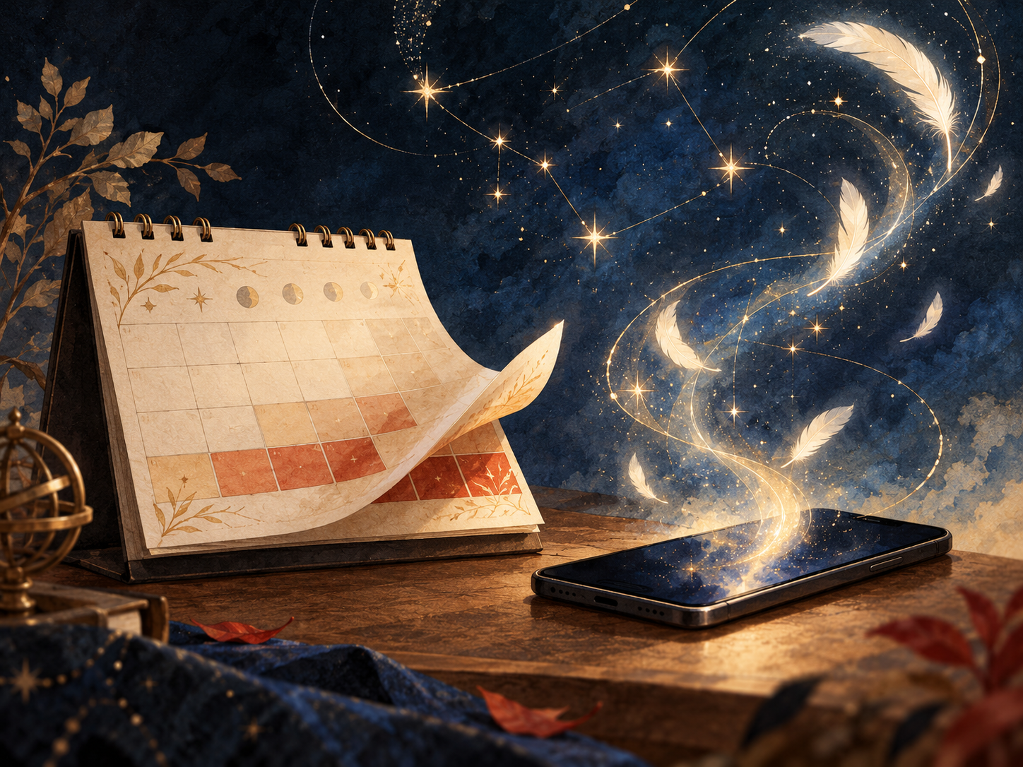 Ilustración simbólica de un calendario y un móvil genérico bajo un cielo de estrellas; no representa el juego ni sus personajes.