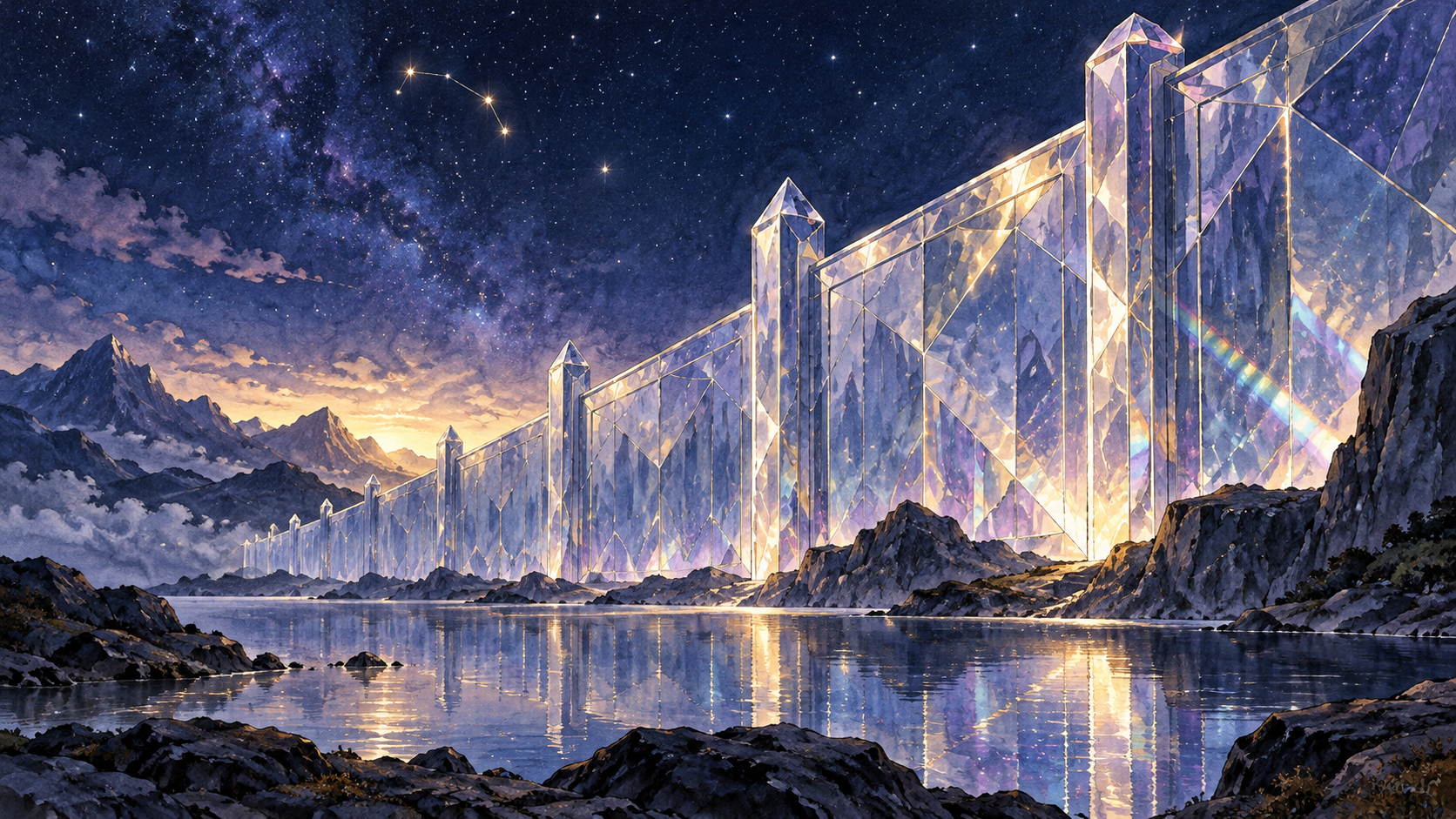 Ilustración simbólica de un muro de cristal que se extiende sobre un paisaje nocturno; no representa a Mu, al juego ni a su contenido oficial.