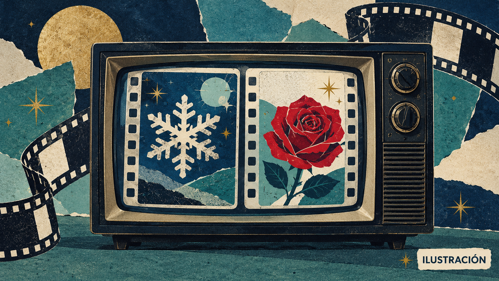 Televisor genérico en collage editorial, con dos marcos de película: uno con un copo de nieve abstracto y otro con una rosa; ilustración simbólica, no reproduce la serie.