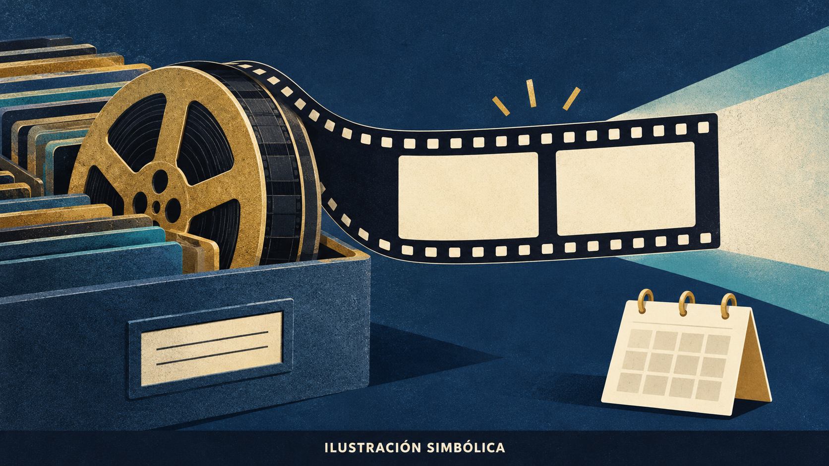 Bobina de archivo y tira con dos marcos vacíos junto a un calendario sin cifras; ilustración simbólica, no representa la serie ni los episodios.