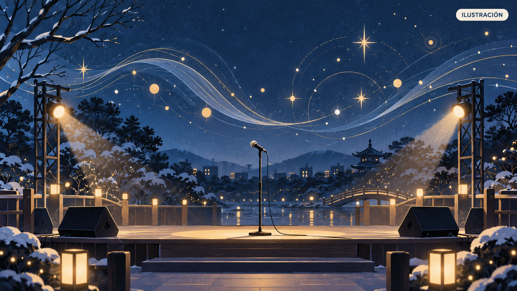 Escenario genérico al aire libre vacío con micrófono, focos y ondas sonoras que forman estrellas; ilustración simbólica, no representa el concierto ni confirma su repertorio.