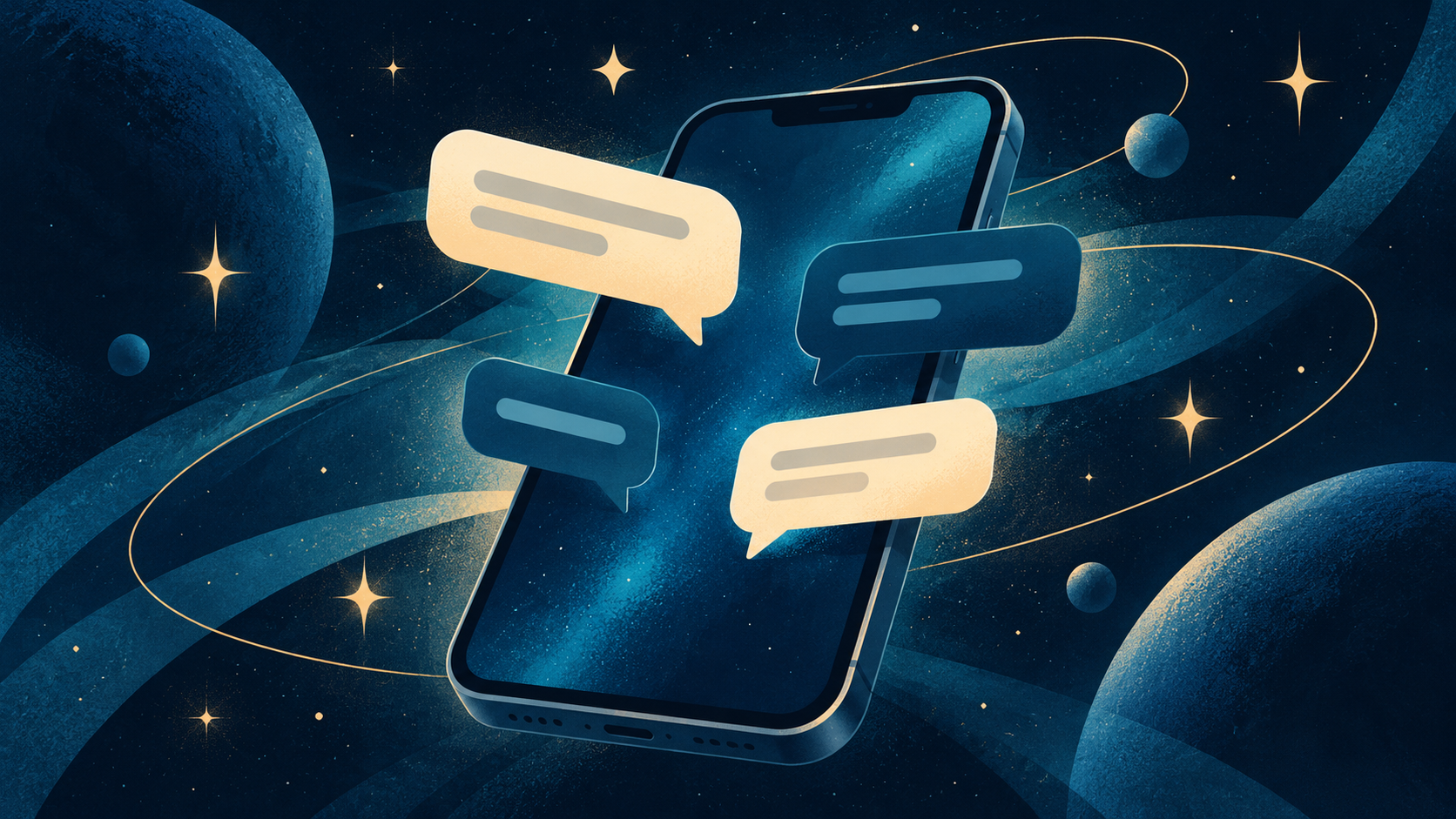 Ilustración simbólica de un teléfono genérico con burbujas de mensajería abstractas y estrellas sobre un fondo azul noche; no representa un juego, canal ni promoción reales.