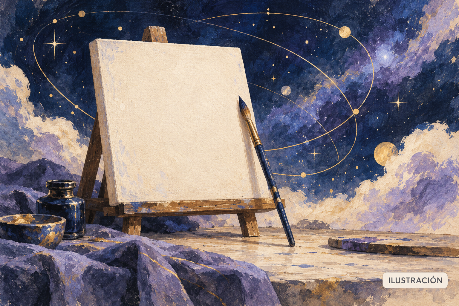 Pincel sobre un lienzo en blanco ante un cielo abstracto de constelaciones; ilustración simbólica rotulada, no representa el vídeo.