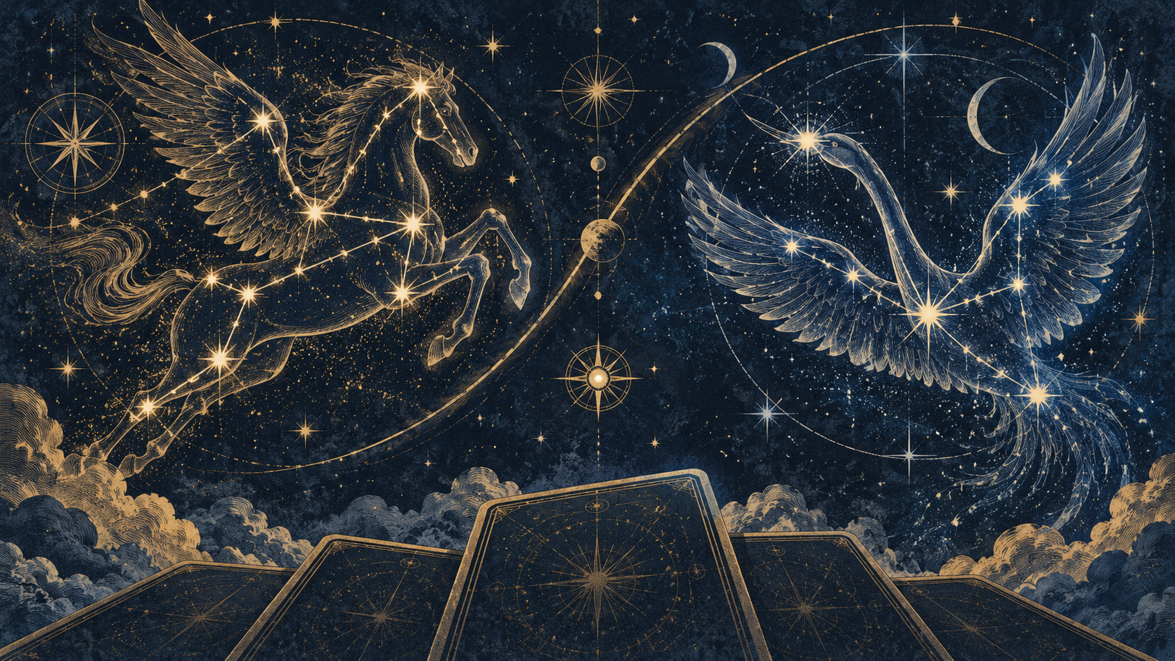 Ilustración simbólica e ilustrativa de constelaciones mitológicas genéricas de un caballo alado y un cisne sobre un cielo nocturno; no representa personajes, gráficos ni interfaz del juego.