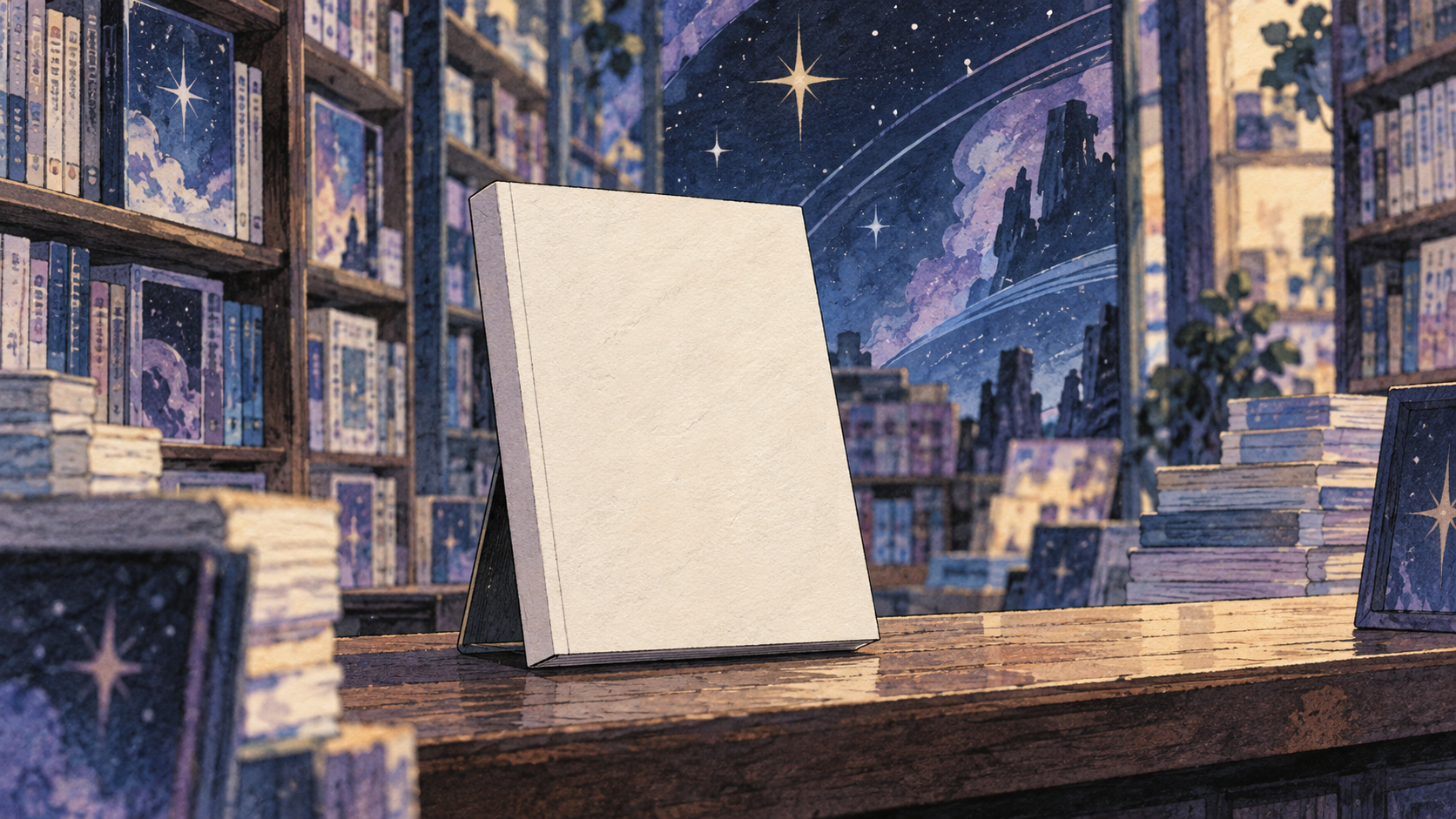 Un libro genérico de cubierta lisa sobre el mostrador de una librería, con un fondo de estrellas abstractas; ilustración simbólica que no representa la edición ni su contenido.