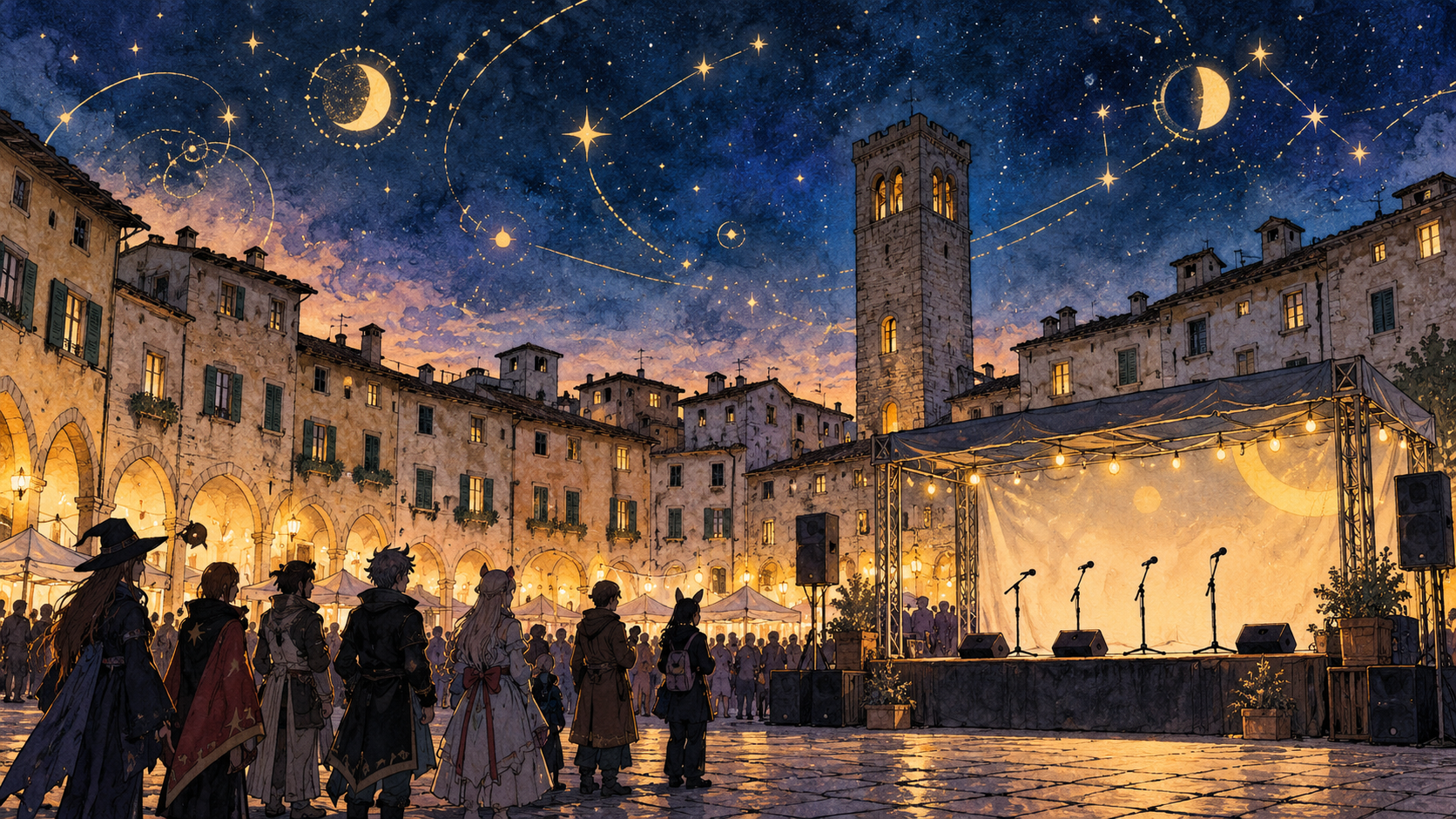 Ilustración editorial de una plaza medieval genérica con público, micrófonos y luces estelares; recreación simbólica que no representa el acto ni a sus invitados.