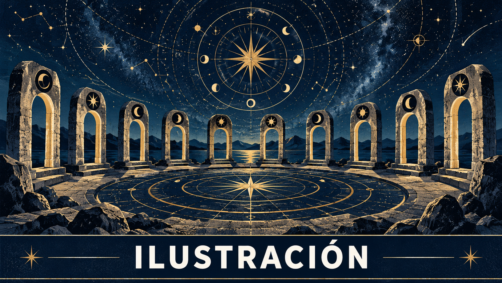 Doce arcos de piedra abstractos bajo un cielo estrellado; ilustración simbólica, no representa la máquina real.