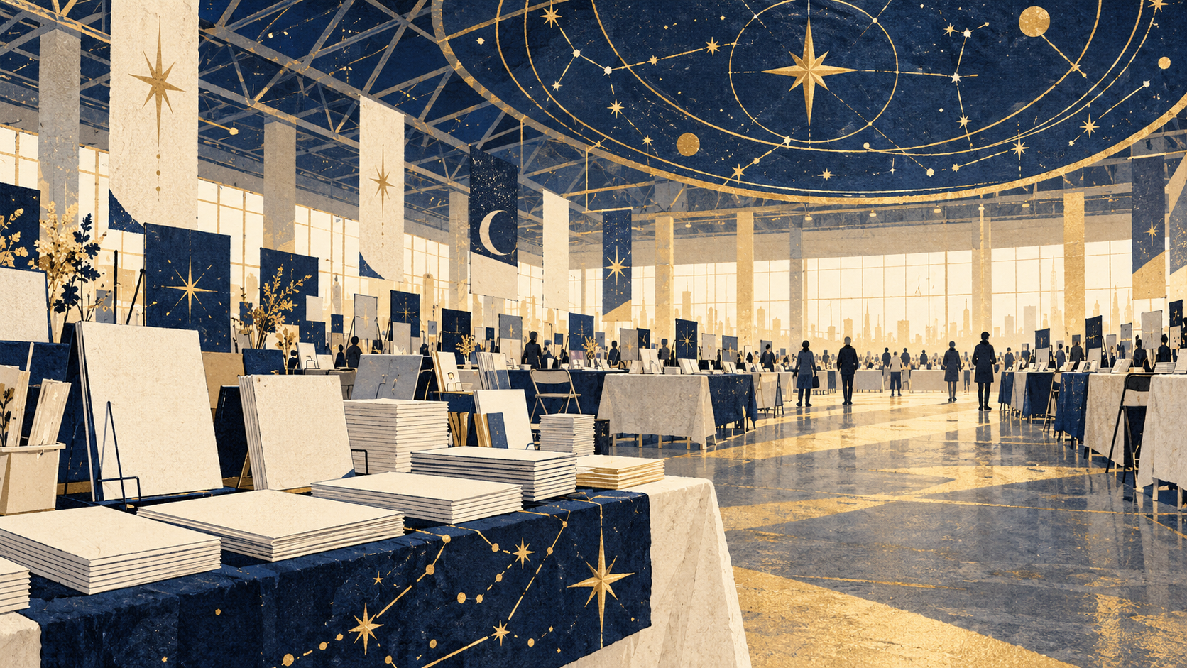 Ilustración simbólica de una feria genérica de autoedición; no muestra el evento real, su sede ni obras de Saint Seiya.