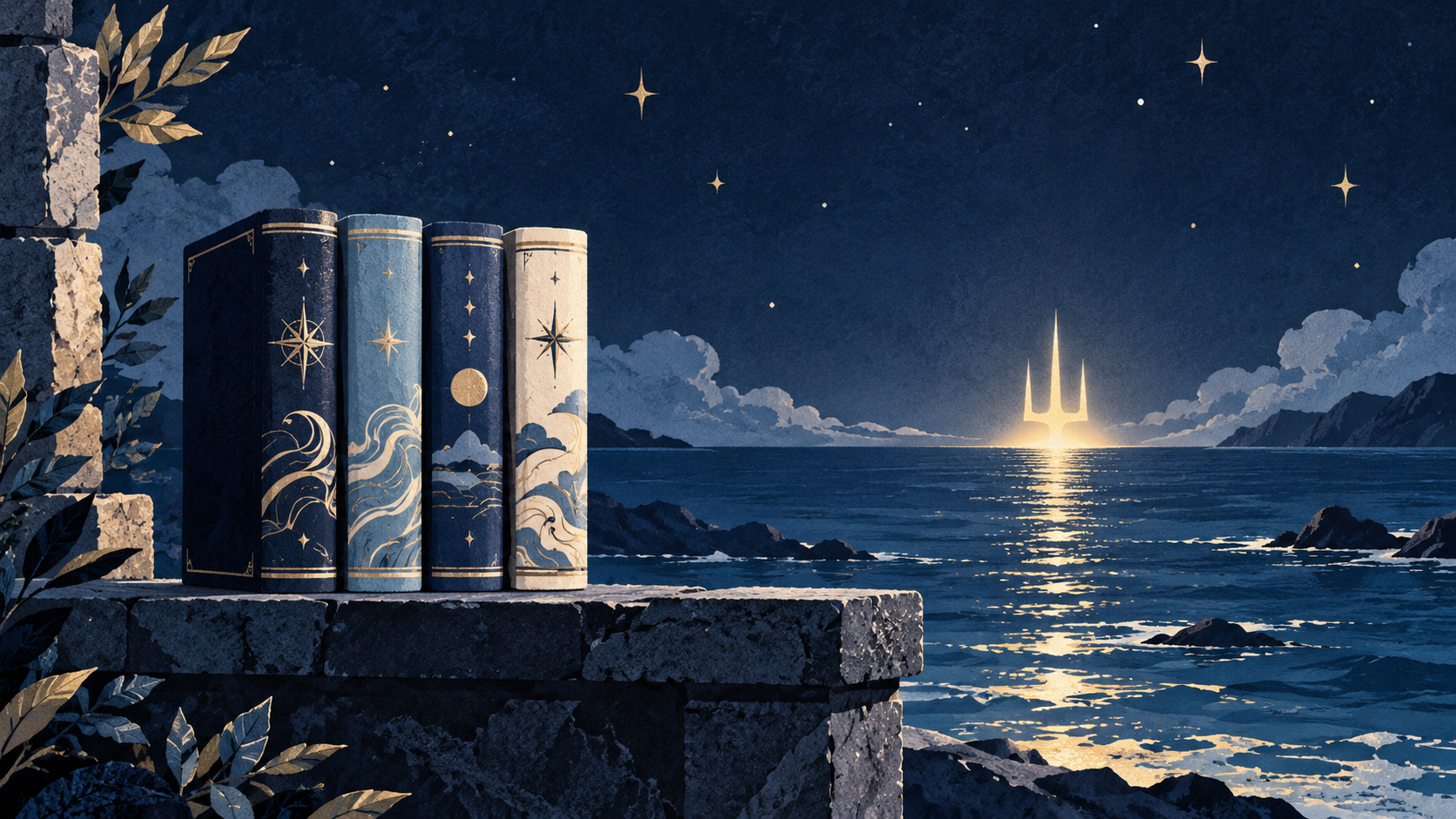 Ilustración simbólica de cuatro volúmenes genéricos junto a un mar nocturno; no representa la edición argentina ni el manga oficial.