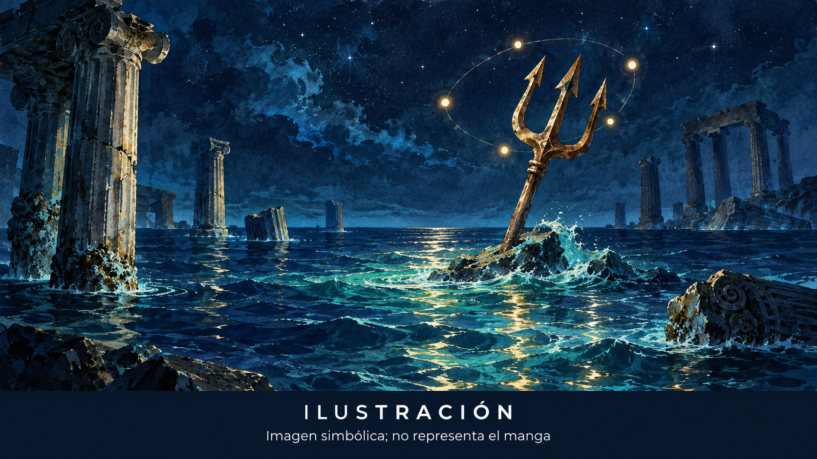 Mar nocturno con columnas clásicas sumergidas, un tridente genérico y una constelación; ilustración simbólica que no representa el manga.