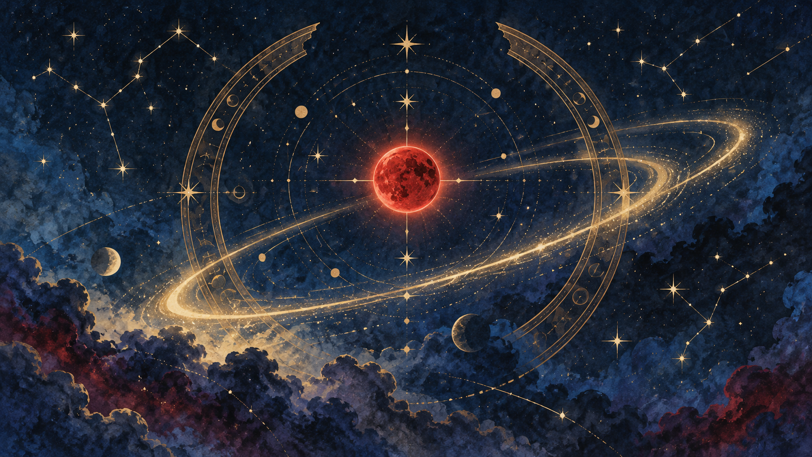 Ilustración simbólica de un orbe rojo rodeado por círculos astronómicos dorados y constelaciones; no representa a Cardinale ni al juego.