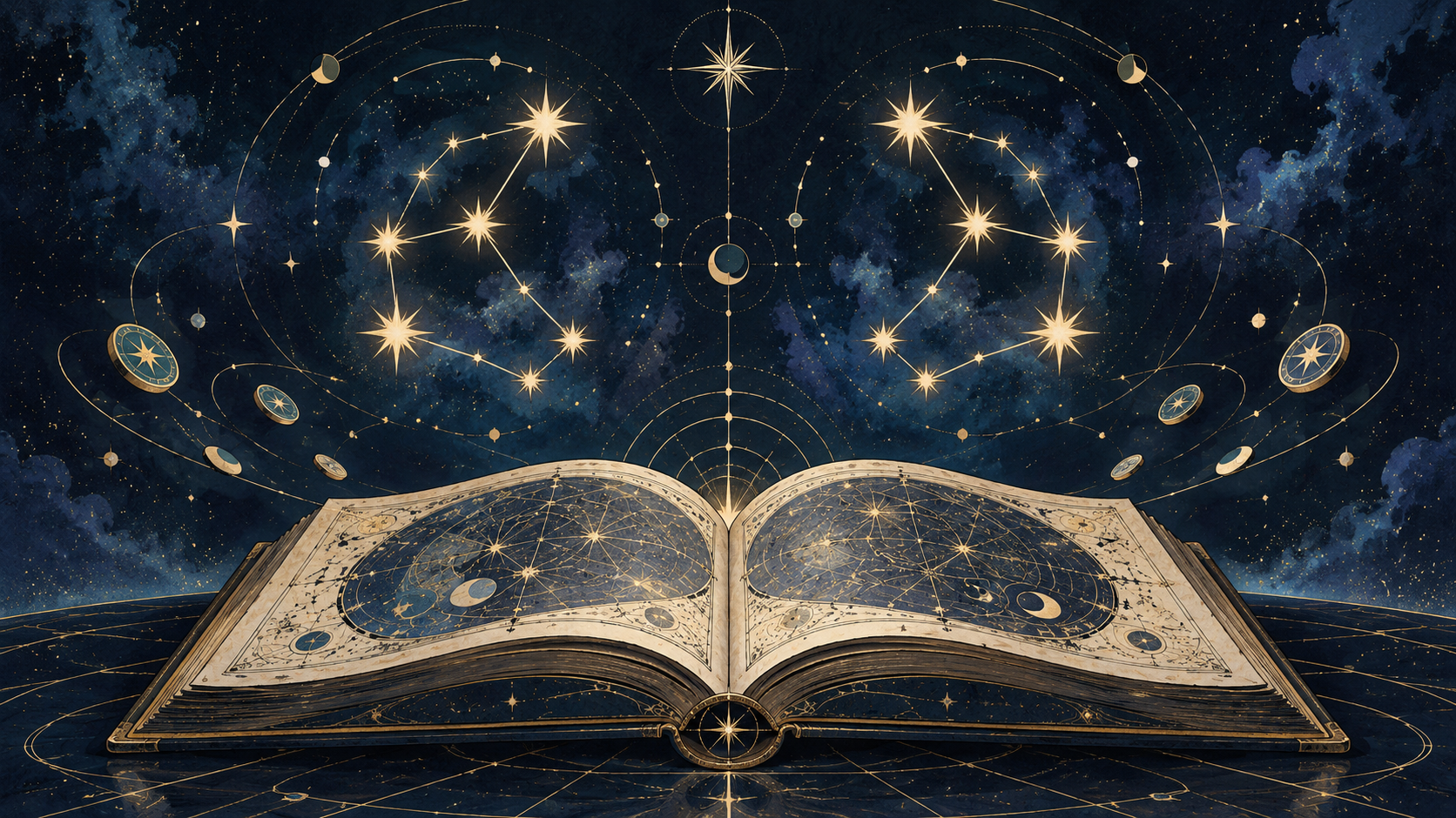 Ilustración simbólica de un atlas celeste abierto bajo agrupaciones de estrellas; no representa personajes, el juego ni su interfaz.