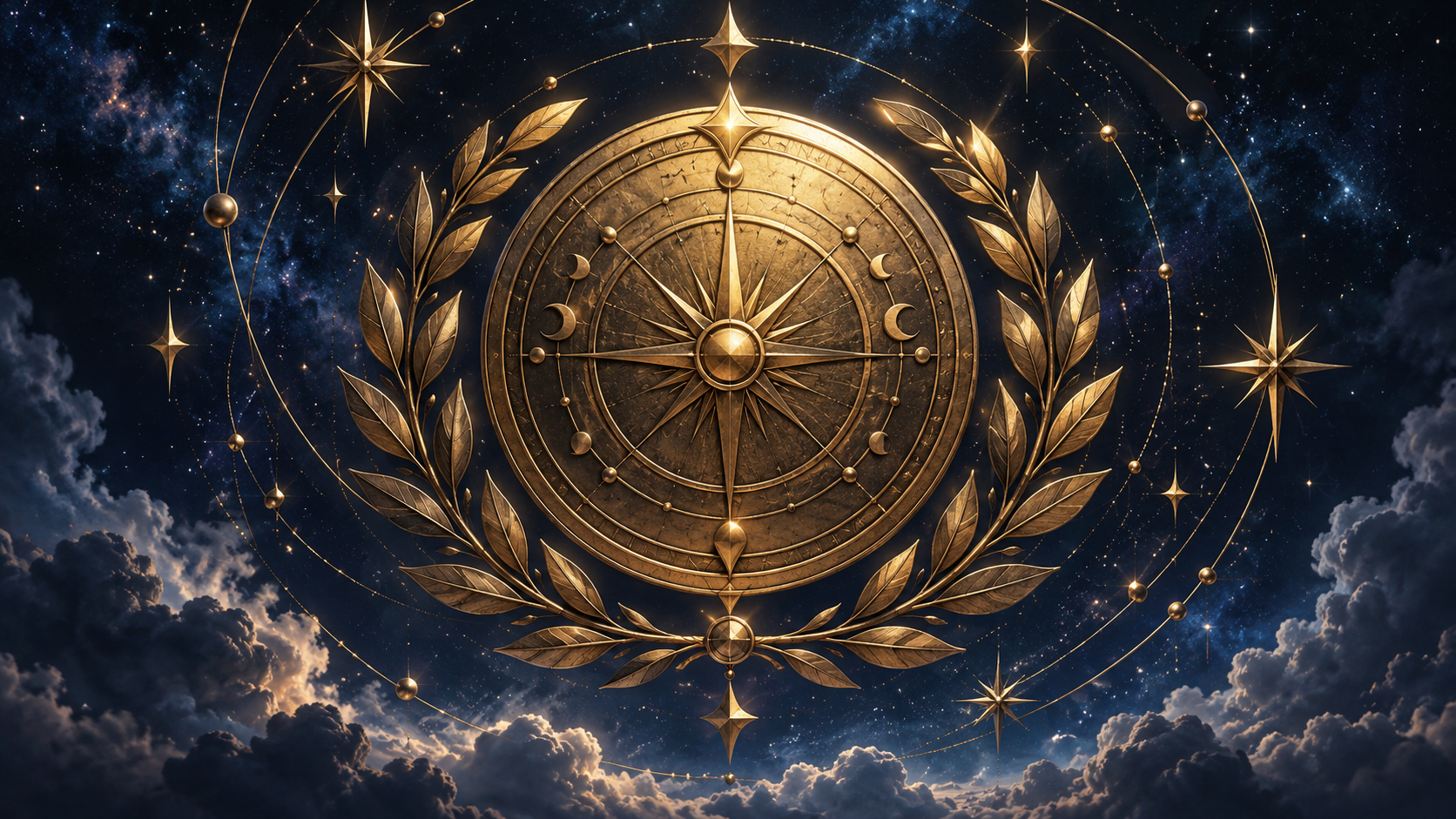 Medalla circular abstracta de bronce y oro viejo, rodeada de laureles y estrellas geométricas sobre un cielo azul noche; imagen simbólica, sin relación visual con el juego.