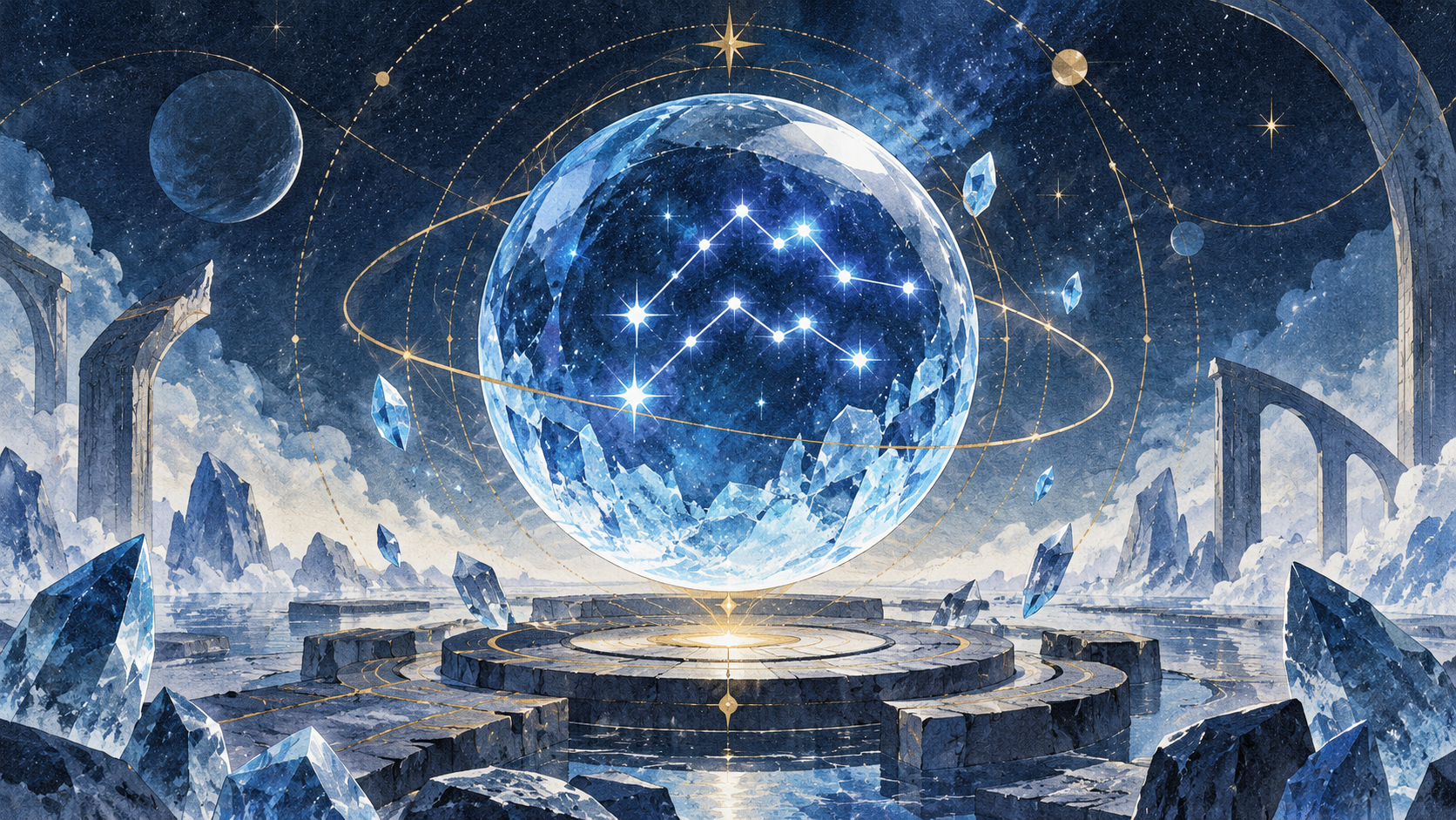 Esfera celeste abstracta de cristal azul sobre una plataforma geométrica, con una constelación dibujada con puntos y líneas; ilustración simbólica, no representa personajes ni material del juego.