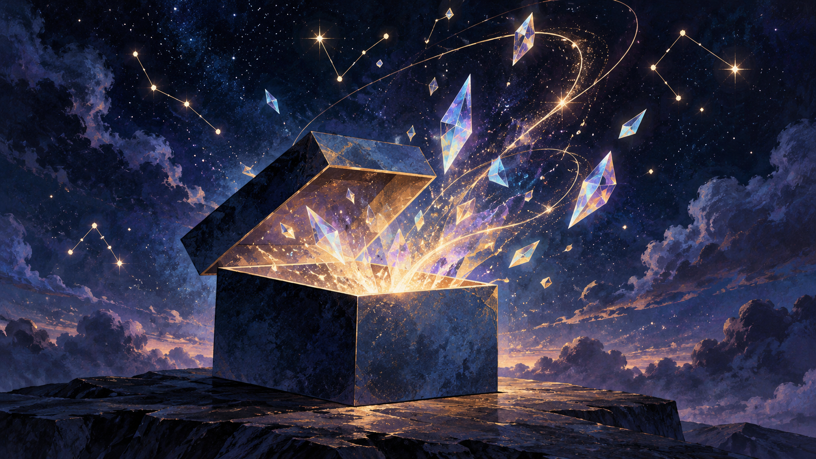 Ilustración simbólica de una caja geométrica genérica que libera luz prismática bajo un cielo estrellado; no representa a Pantasos, la caja real ni el juego.