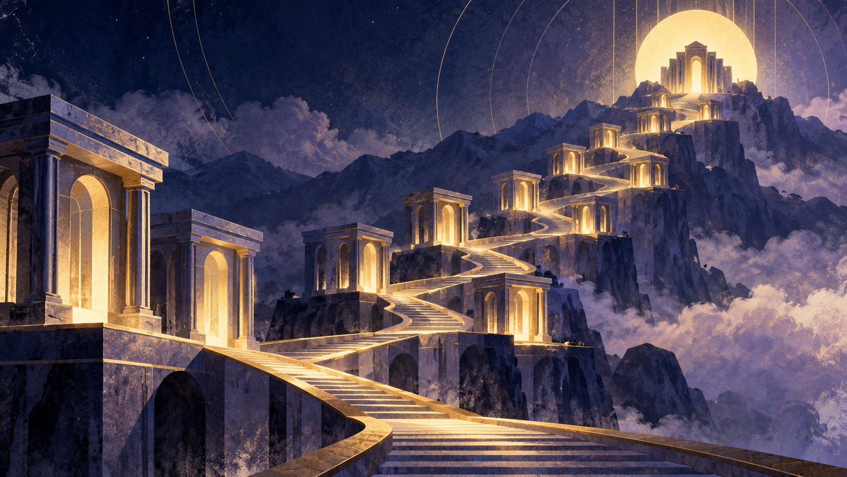 Ilustración simbólica de un recorrido abstracto de arcos iluminados; no representa la máquina pachislot ni el vídeo oficial.