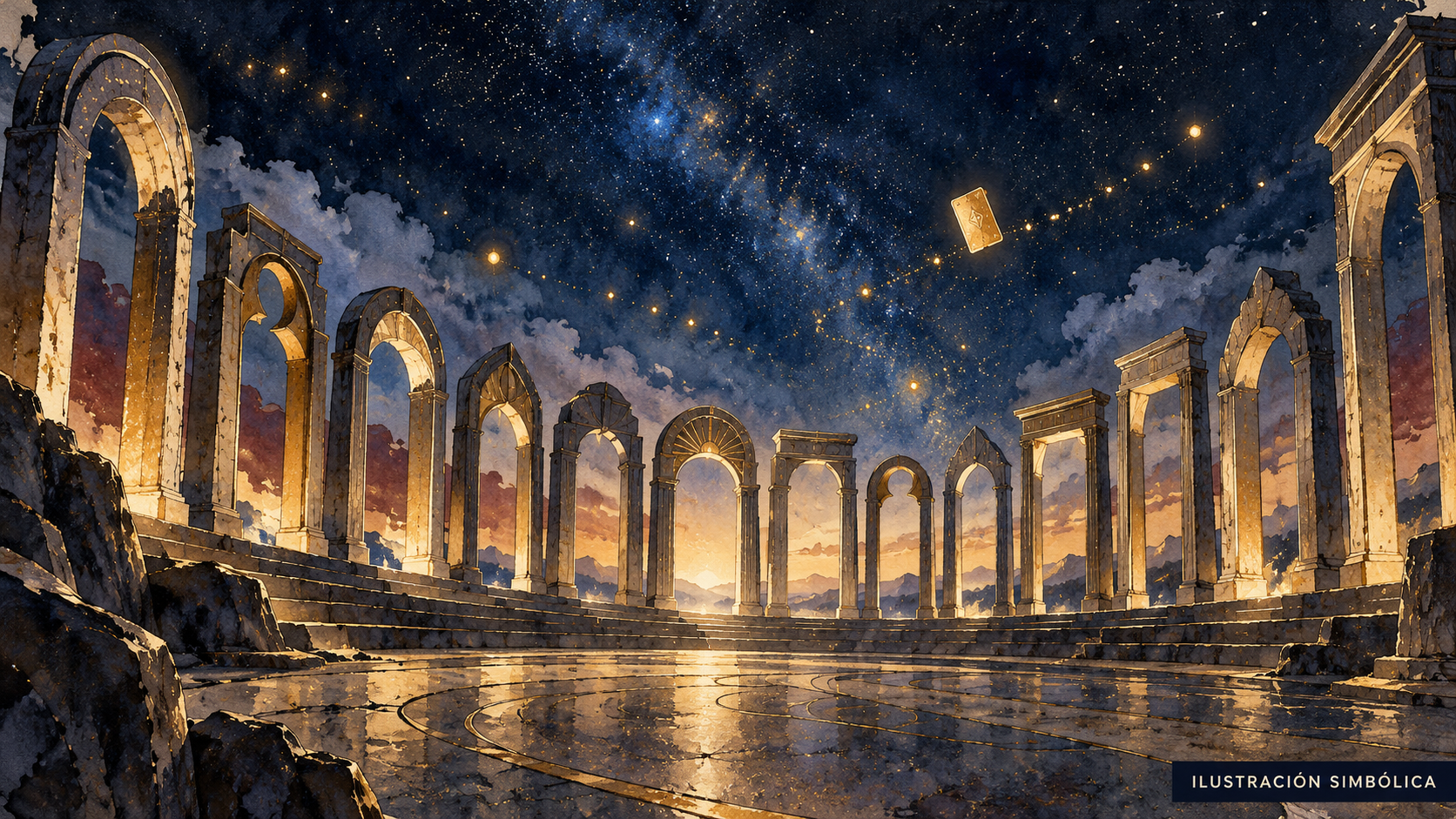 Ilustración simbólica de doce arcos abstractos bajo un cielo estrellado y una tarjeta dorada, con el rótulo «ILUSTRACIÓN SIMBÓLICA». No reproduce personajes, la máquina ni materiales oficiales.