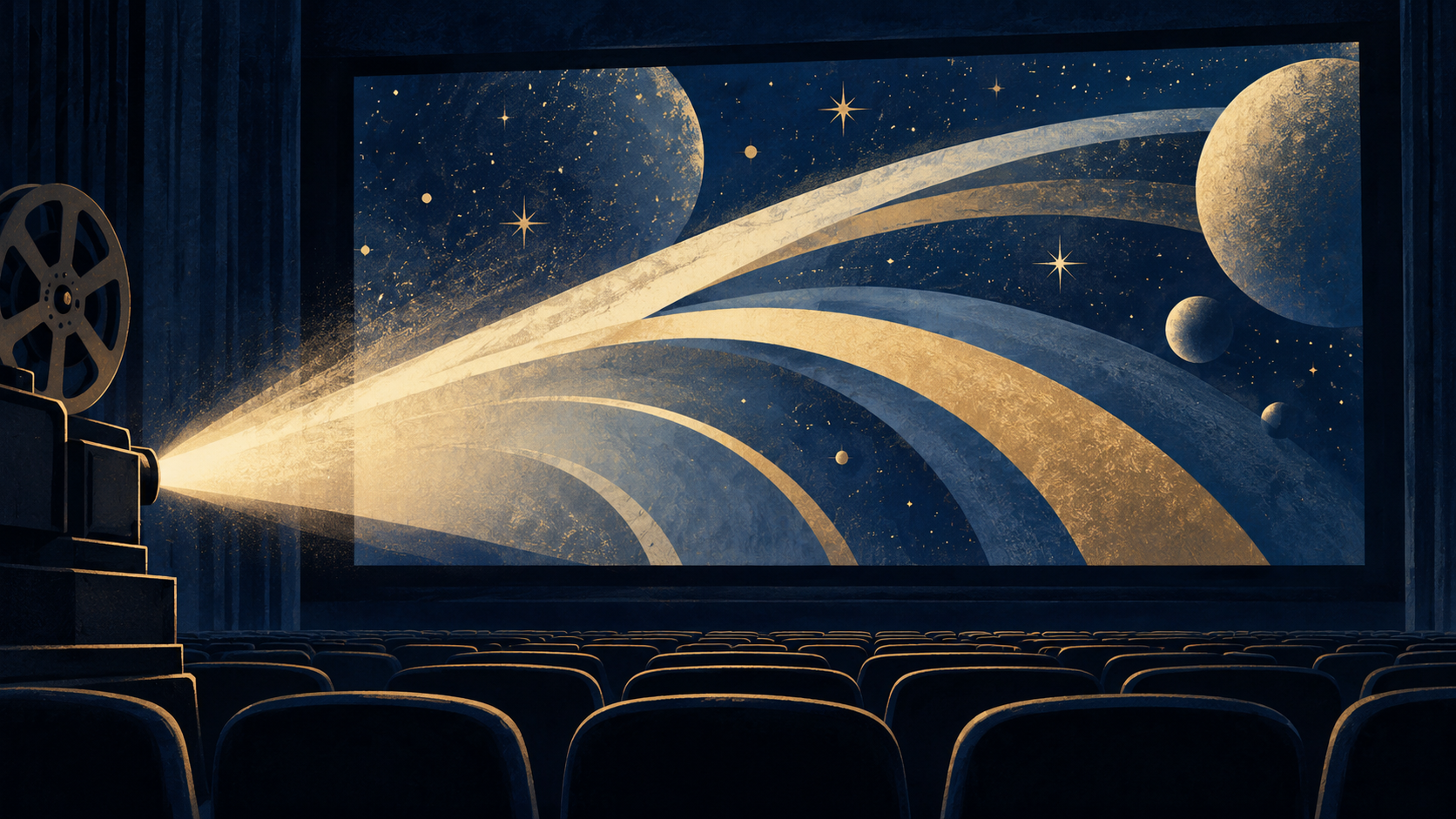 Ilustración simbólica de una sala de cine vacía con una proyección celeste abstracta; no representa el acto, sus participantes ni la serie.